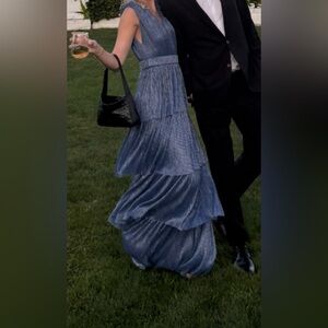 Sabina Musáyev - Skylar Tiered Belted Metallic Gown